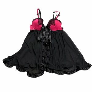 Y2K European Vintage Sheer Mesh/Lace Tie-Front Babydoll Slip Lingerie Pink/Black